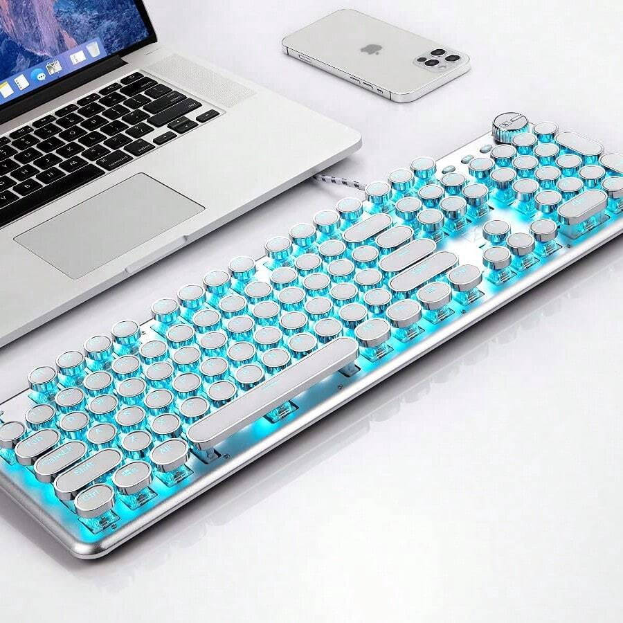 Wired Mechanical Keyboard, 104 Key Beautiful Typewriter Keyboard, Blue Backlight, Anti Ghosting, Blue Switch Wired Cute Keyboard - White, Including A USB Charging Cable