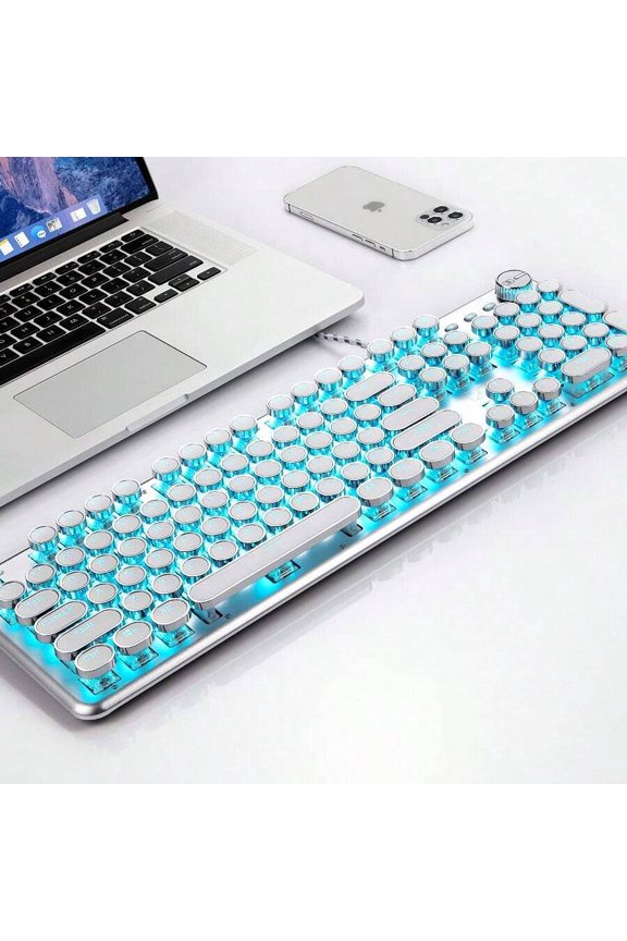 Wired Mechanical Keyboard, 104 Key Beautiful Typewriter Keyboard, Blue Backlight, Anti Ghosting, Blue Switch Wired Cute Keyboard - White, Including A USB Charging Cable