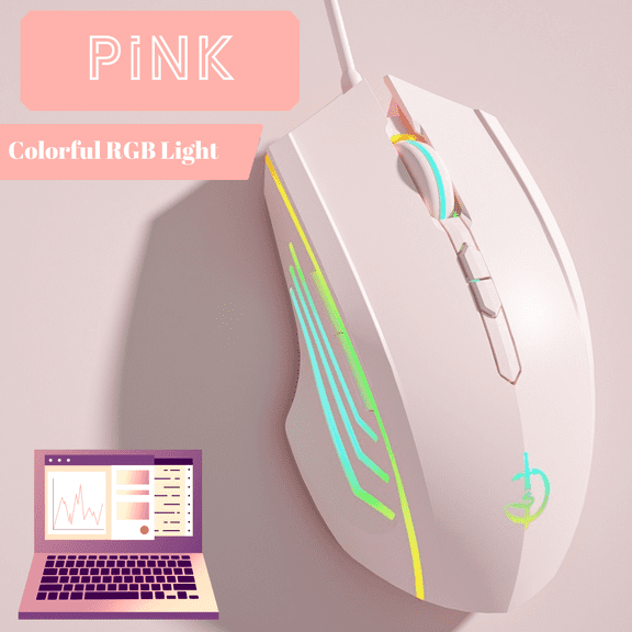 Wired Mouse RGB Gaming Mouse, 3200 DPI Wired Optical Mouse with Upgraded 7-key & RGB Light, Software Supports DIY Keybinds Rapid Fire Button, Pink