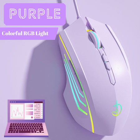 Wired Mouse RGB Gaming Mouse, 3200 DPI Wired Optical Mouse with Upgraded 7-key & RGB Light, Software Supports DIY Keybinds Rapid Fire Button, Purple
