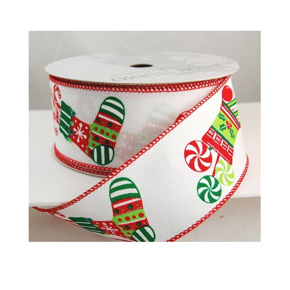 Wired Oh What Fun White Ribbon with Colorful Stockings Christmas Ribbon 2 1/2" - 25 Yards