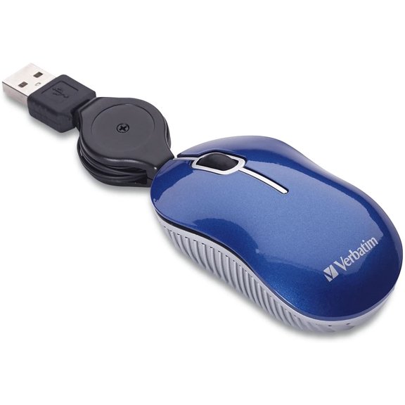Wired Optical Computer Mini USB-A Mouse - Plug & Play Corded Small Travel Mouse with Retractable Cable  Blue 98616