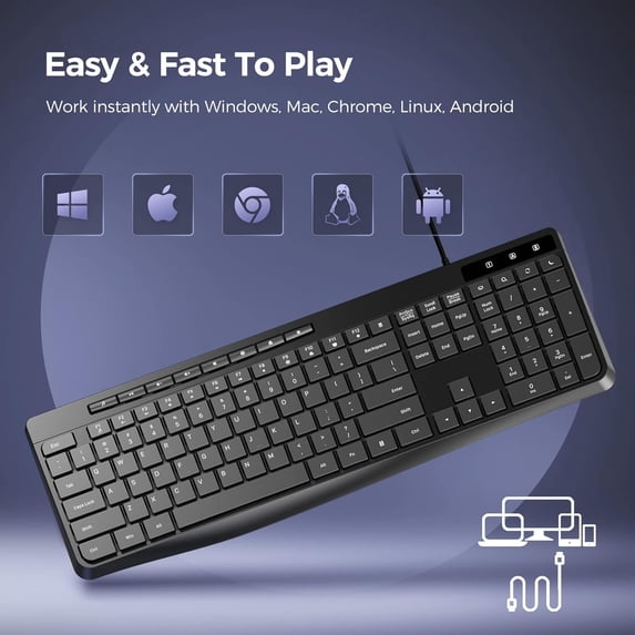 Wired Quiet Keyboard, Multimedia USB Keyboard with Low-Profile Chiclet Keys, Full-Size Silent Keyboard with Numeric Keypad, Spill-Resistant & Anti-Wear Lettering, for Laptop and Desktop PC