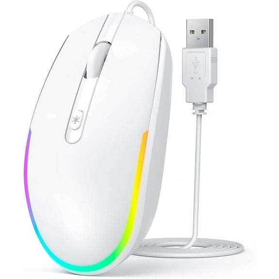 Wired RGB Backlit Optical LED - USB Cord for Laptops, Notebooks, Chromebook (White)