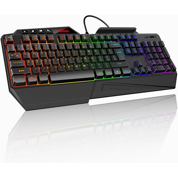 Wired RGB Gaming Keyboard - 26-Key Anti-Ghosting, 13 Lighting Modes, Spill-Resistant, 108 Membrane Keys, Plug & Play - with Ergonomic Wrist Rest & Phone Holder for Windows/Mac (Black)