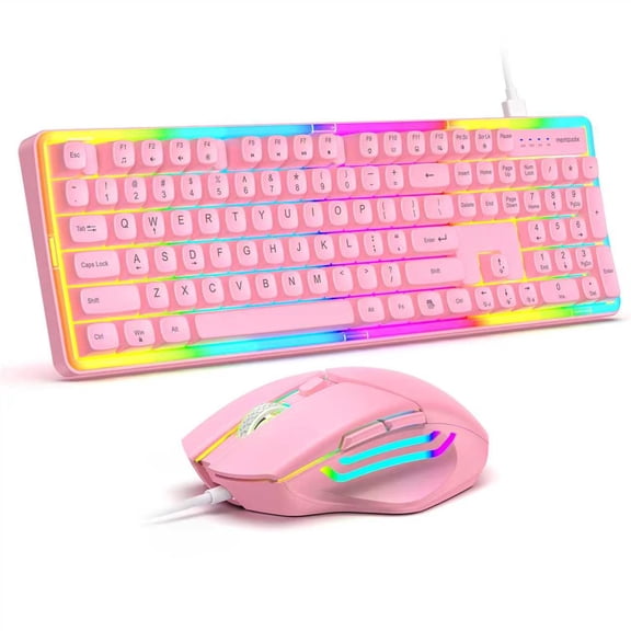 Gaming Keyboard and Mouse Combo, Pink Keyboard with Mechanical Feel Anti-ghosting Keyboard with Wired Mouse 6400 DPI for Laptop PC Gamer (Pink)