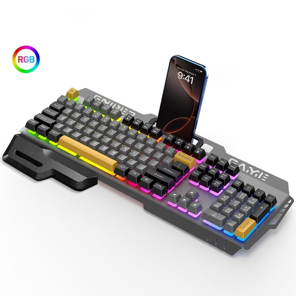 104 Keys RGB Light up Gaming Keyboard, All-Metal Panel & IPX3 Waterproof with Detachable Wrist Rest - USB Wired Computer Keyboard for Windows PC Gamer, Black & Gray