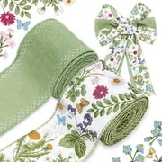 Wired Ribbon 2 Rolls Flower Butterfly Gift Wrapping Ribbon for Farmhouse Party DIY Craft Spring Wreaths Bow Decoration(each Roll 2.48in×5yd )