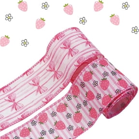 Wired Ribbon 2 Rolls Pink Bow Strawberry Wrapping Ribbon for DIY Wreaths Bow Decoration(Each Roll 2.48in5yd )