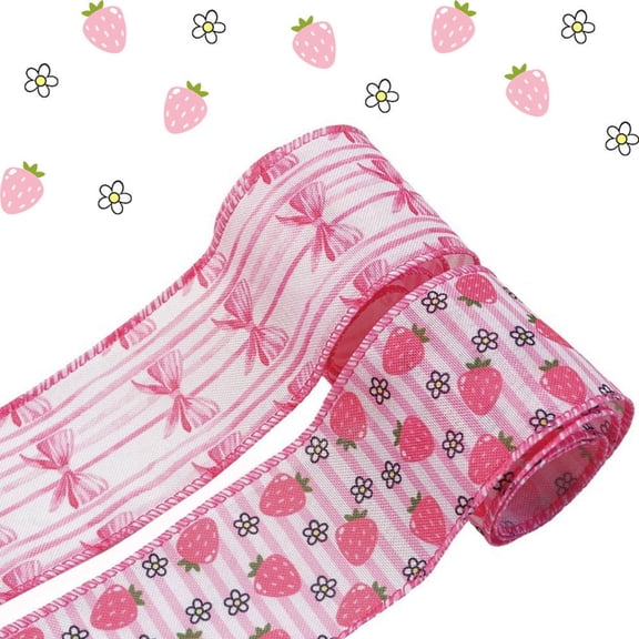 Wired Ribbon 2 Rolls Pink Bow Strawberry Wrapping Ribbon for DIY Wreaths Bow Decoration(Each Roll 2.48in5yd )