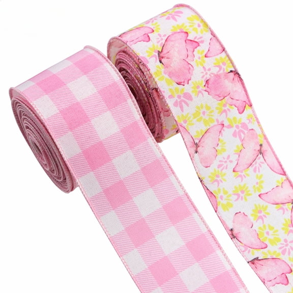Wired Ribbon 2 Rolls Pink Butterfly Grid Gift Wrapping Ribbon for Party DIY Craft Spring Wreaths Bow Decoration(each Roll 2.48in5yd )