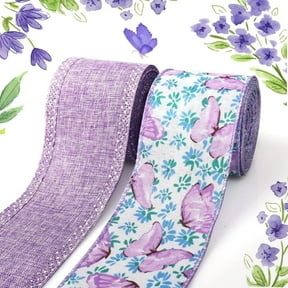 Wired Ribbon 2 Rolls Purple Flower Butterfly Gift Wrapping Ribbon for Farmhouse Party DIY Craft Spring Wreaths Bow Decoration(each Roll 2.48in5yd )