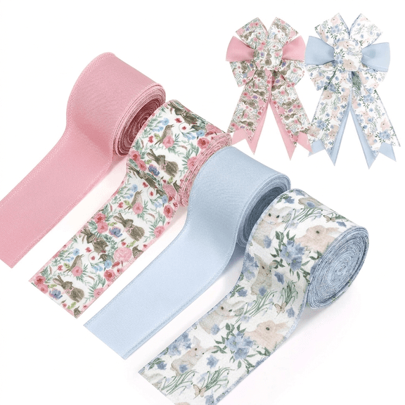 Wired Ribbon 4 Rolls Flower Butterfly Gift Wrapping Ribbon for Farmhouse Party DIY Craft Spring Wreaths Bow Decoration each Roll 2.48in×5yd