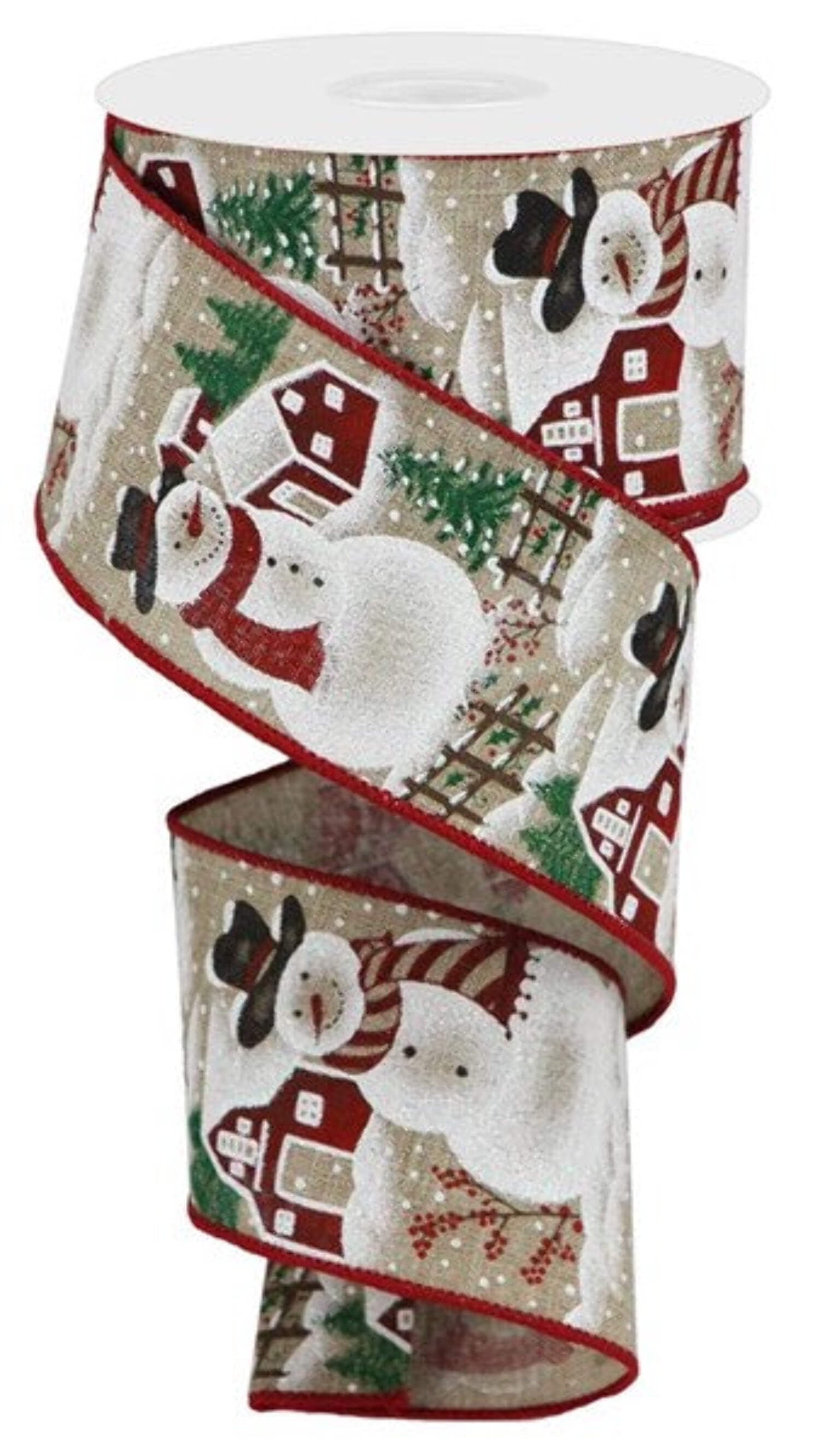 CRAIG BACHMAN Wired Ribbon, Beige, Brown, Red, White / 2.5" X 10 yd/Iridescent Snowman On Royal / RGA185701