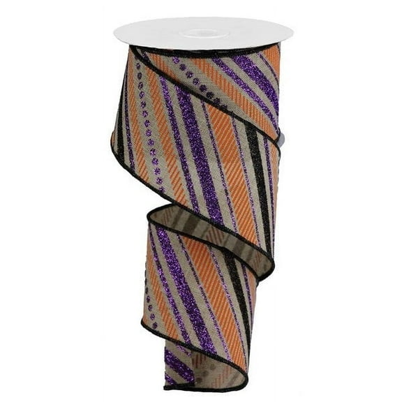 Wired Ribbon Multi Diagonal Stripes, Natural Purple Black Orange, 2.5 Inches x 10 Yards