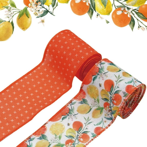 Wired Ribbon Orange Yellow Lemon Ribbon for DIY Bow Wreaths Decoration 2 Rolls(2.48in×5yd)