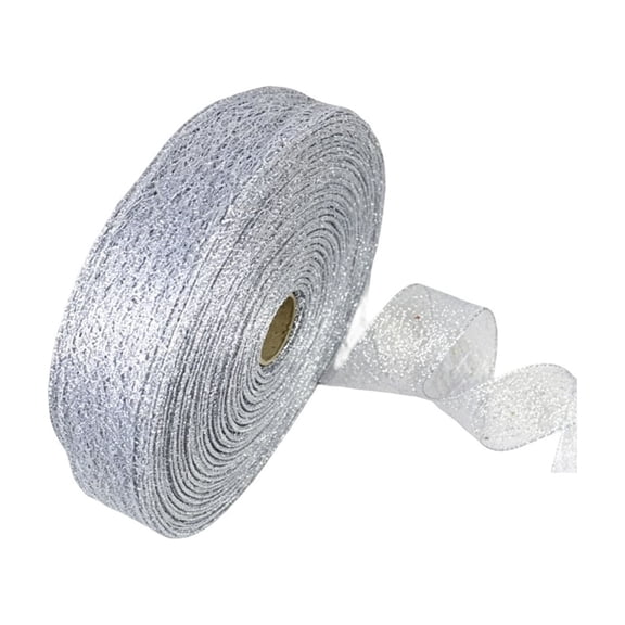 Wired Ribbon Roll Glitter Mesh Sheer Crinkle Net Decorative Ribbon 6.5 Feet Long Trim for Christmas Tree Wreaths Crafting Gift Wrapping Gray