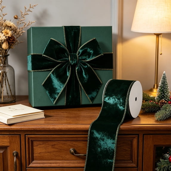 Wired Ribbon Roll for Wreaths and Gift Wrapping, 354 Inch Holiday Craft Ribbon in Polyester, 2.5 Inch Wide - Green