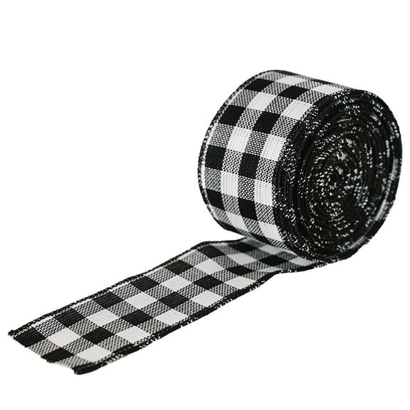 Wired Ribbon Weave Ribbon with Wired Edge Bows Craft Decoration, for Big Bow Wreath Tree Decoration Outdoor, 2x78.7 inch, White and Black Plaid