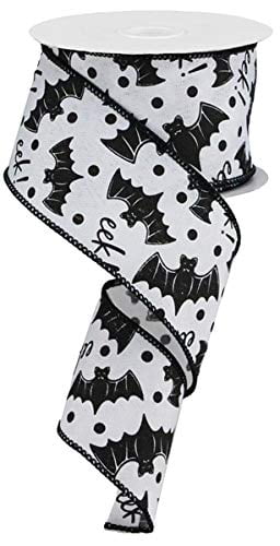 Wired Ribbon, White with Black Bats Halloween, 2.5 inches X 100 feet