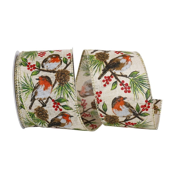 Wired Robin Perched Linen Pinecone Christmas Ribbon 2 1/2" - 10 Yards