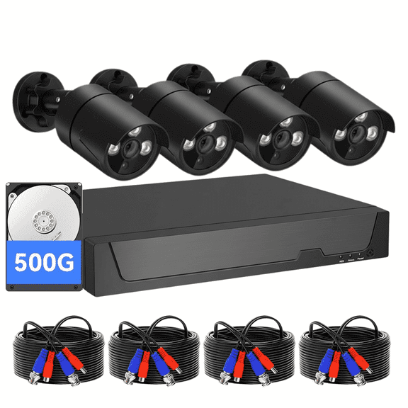 Wired Security Camera System Outdoor, 4 Channel 4MP Lite Ahd Tvi DVR Recorder with 500GB HDD, 4 Wired CCTV Bullet Cameras, Night Vision, Motion Detection