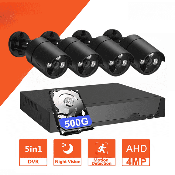 Wired Security Camera System Outdoor, 4CH 4MP Lite AHD DVR with 500G Hard Drive, 4 x 4MP Wired CCTV Camera, Indoor/Outdoor Surveillance DVR Kit with Human Detection, Night Vision