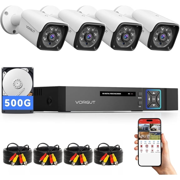 Wired Security Camera System Outdoor, 4CH 5MP Lite AHD DVR with 500G Hard Drive, 4 x P CCTV Camera, Indoor/Outdoor Surveillance Kit Human Detection, Night Vision