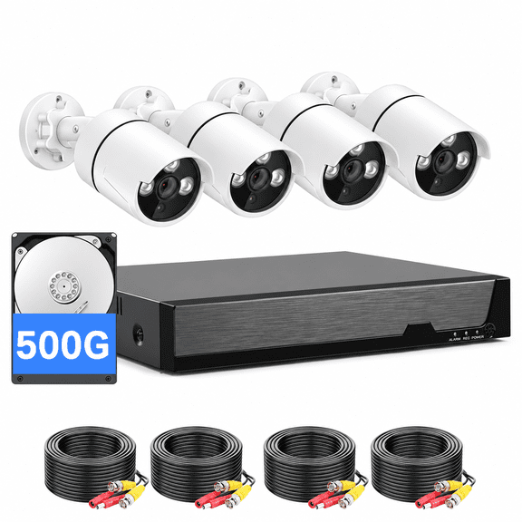 Wired Security Camera System Outdoor, 4X 1080P CCTV Camera,4CH AHD Surveillance DVR Kit With 500G HDD , IP66 Waterproof, IR Night Vision, Motion Detection, 24/7 Record, Remote Access, Smart Playback