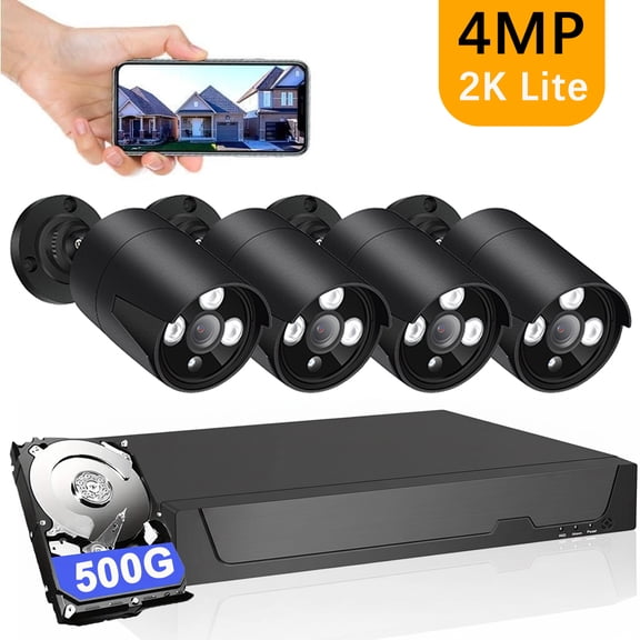Wired Security Camera System Outdoor, 4pcs Surveillance CCTV Bullet Cameras for Home Security, 4CH AHD 4MP Lite DVR Recorder with 500G HDD, Smart  Motion Detection, Night Vision, Waterproof