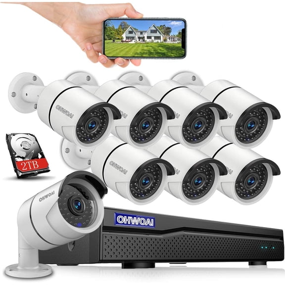 Wired Security Camera System for Home, OHWOAI 8CH AHD NVR and 8pcs 3.0MP AI Tracking Waterproof Outdoor/Indoor Surveillance Cameras