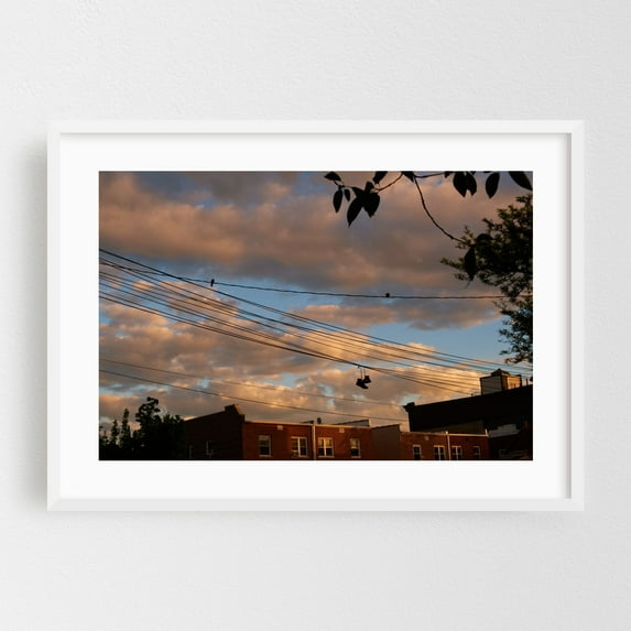 Wired Shoes - Queens New York Photography White Framed Wall Art Print 12 x 18 inches