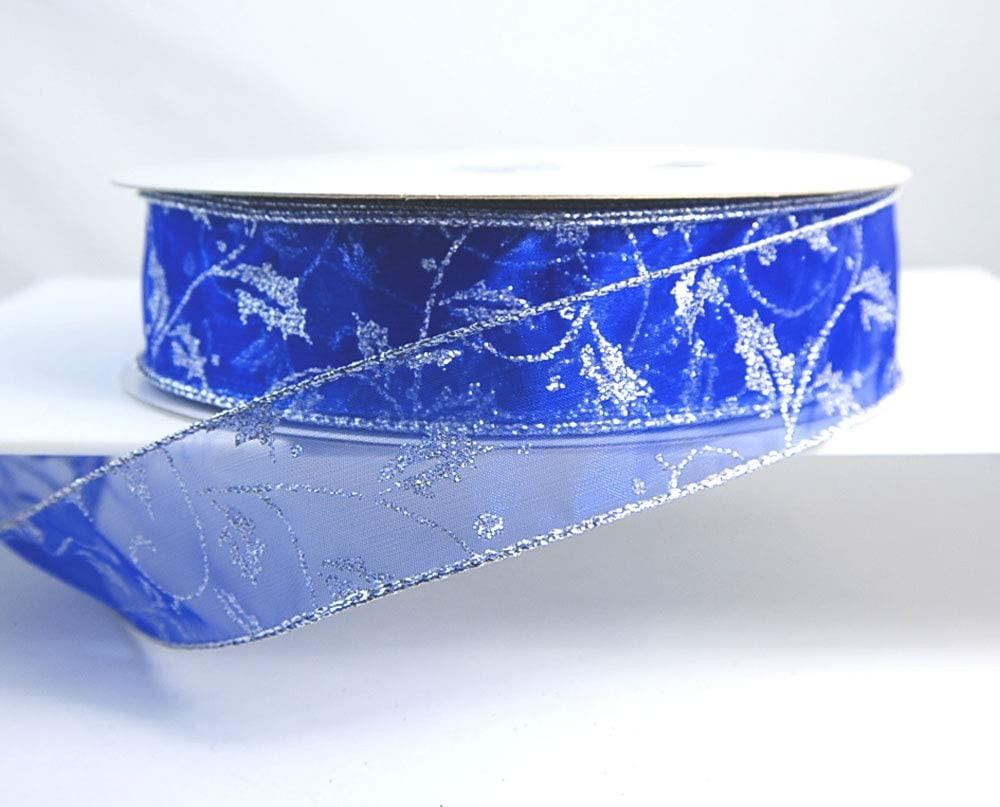 Wired TAFT Sheer Blue and Silver Glitter Holly Leaf Christmas Ribbon 1 1/2" 50 Yards …