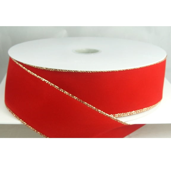 Wired Traditional Red with Gold Edges Velvet Christmas Ribbon 2 1/2" #40 - 50 Yards
