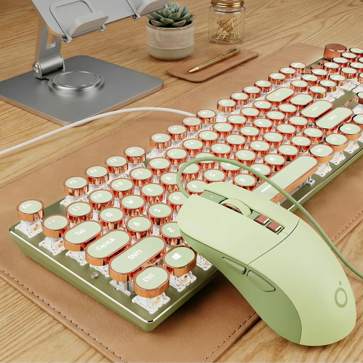 Wired Typewriter Keyboard and Mouse Combo, Typewriter Style Mechanical Keyboard,104 Keys Backlit LED Keyboards, Media Control Knob, Wired Keyboard Pink Switch for Windows/PC-Pink