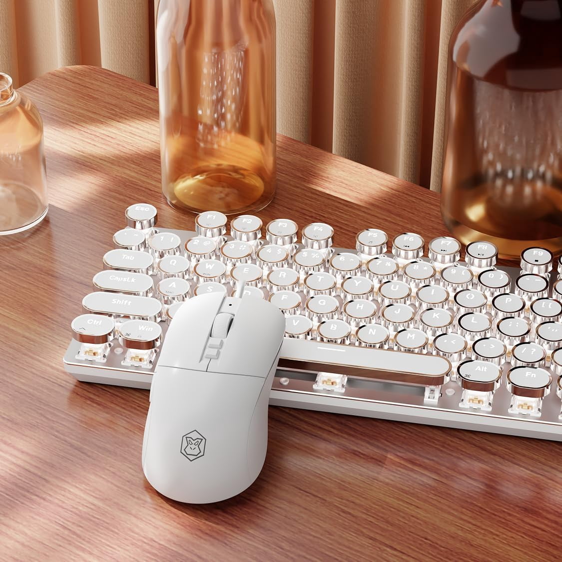 Wired Typewriter Keyboard and Mouse Combo, Typewriter Style Mechanical Keyboard,104 Keys Backlit LED Keyboards, Media Control Knob, Wired Keyboard Pink Switch for Windows/PC-Pink