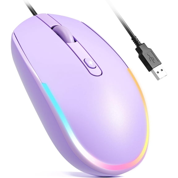 Wired - USB Computer Mice Wired with RGB Backlit Optical LED with Attached USB Cord for Laptops Notebooks Chromebook - Purple