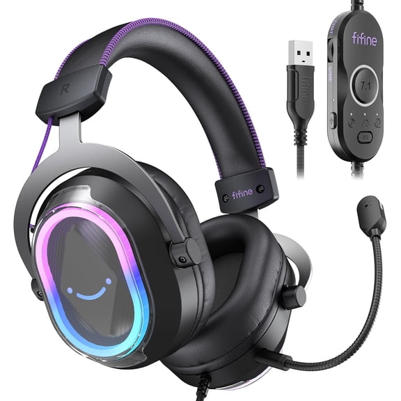 Wired USB Gaming Headset: 7.1 Surround Sound - Vibrant Customizable RGB - Game/Chat Balance, Gamer Headphone with Noise Canceling Mic for PC, PS5/PS4, Laptop, Mac - AmpliGame H13BP