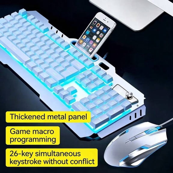 Wired USB Gaming Keyboard And Mouse Set,Ergonomics Keyboard Mechanical With Mobile Phone Holder Slot, Multimedia Knob, Metal Panel For Windows PC Computer Desktop