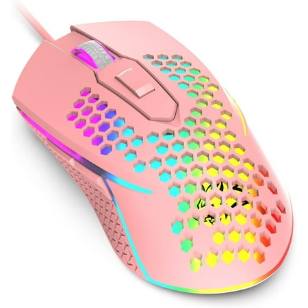 Wired USB Gaming Mouse 65G Honeycomb Shell Mini Ultra-Lightweight Gaming Mice 3200DPI 6 Button 7 Colors Chroma Breathing LED Backlight Gaming Mice Compatible with PC/Mac Office and Games-Pink