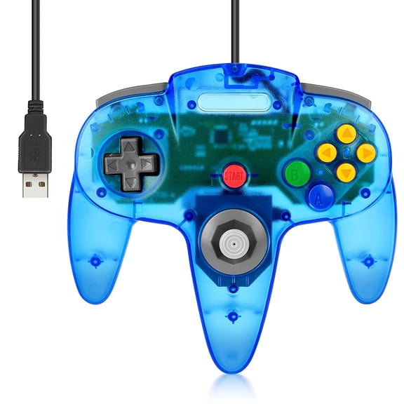 Wired USB N64 Controller, Classic Video Game Controller USB Gamepad for Windows PC MAC Raspberry PI Retropie (Clear Blue)