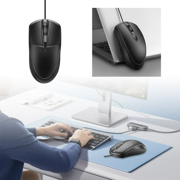 Wired USB Optical Mouse for Laptop/Desktop Computer, Ergonomic Design, Precise Tracking, Wide Compatibility with Windows/macOS/Linux, Black Plastic
