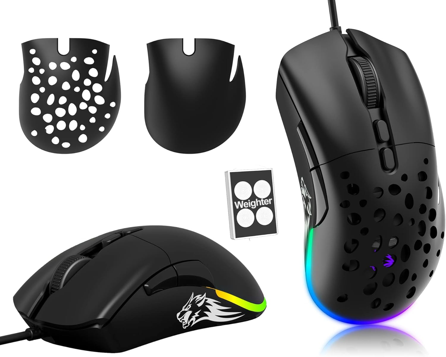 Wired Ultralight Drag Clicking PC Gaming Mouse with Side Buttons RGB  Backlit Honeycomb with Weight Tuning,Extra Interchangeable Back  Plate,12,000 DPI