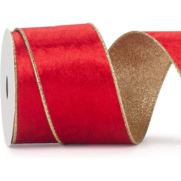 Wired Velvet Ribbon for Christmas Tree, 2.5 inch×10 Yards Velvet Christmas Ribbon with Gold Glitter Backing for Gift Wrapping, Ornaments, Wreaths, Crafts, Topper Bow, Wedding Decoration
