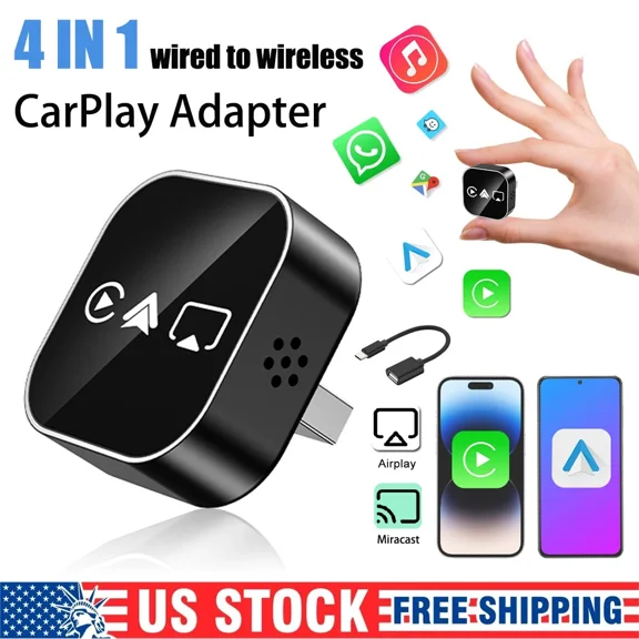 Wired to Wireless CarPlay Mirror Link Adapter, 2026 Upgrade 4 in 1auto Adapter with 2.4/5ghz WiFi and Bluetooth 5.0, Plug & Play for iPhone/Android Auto/AirPlay/Miracast
