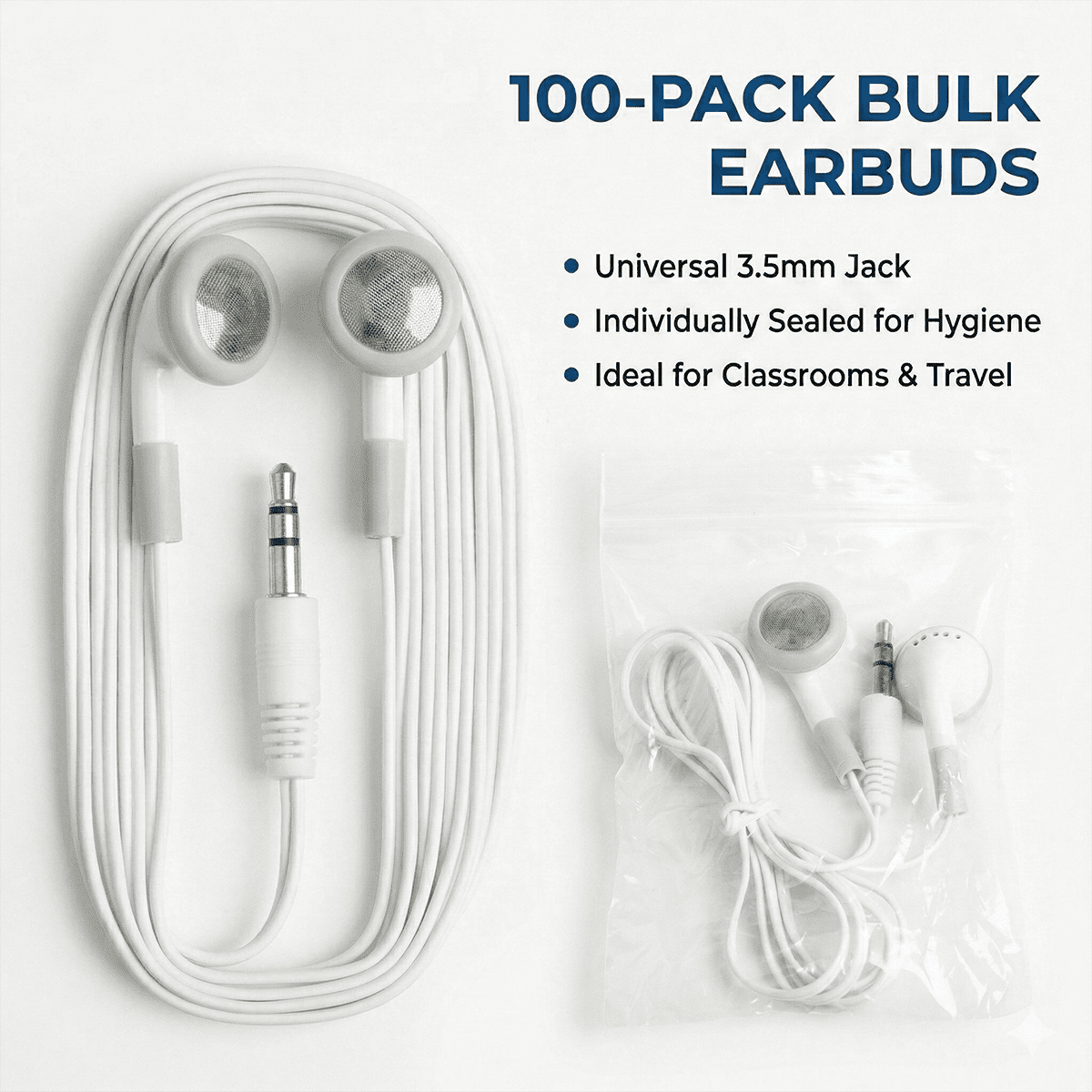 Wired earbuds for school, 100 Pack bulk disposable headphones for classroom (white)