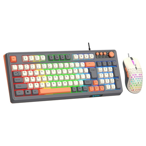 Wired gaming keyboard - rainbow backlight, portable orange keyboard with multimedia buttons and ball keys, suitable for gamers and office use, compatible with Windows and laptops