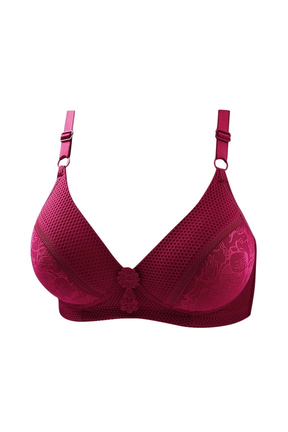 Wirefree Bras for Women Printed Thin Front Buckle Bra Underwear No Underwire V-Neck Padded Bra Feature Hook and Eye Closure T-Shirt Bra Style Y-382 , Red L
