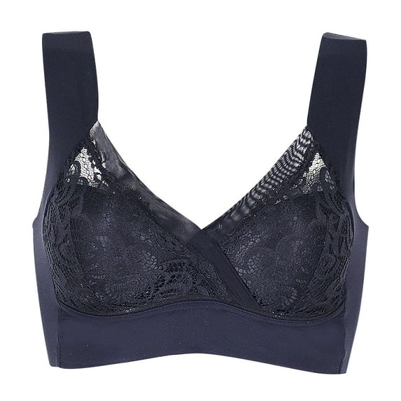 Wirefree Bras for Women Yoga Sports Front Closure Extra-Elastic Breathable Lace Trim Bra Underwear V-Neck Padded Bra Feature Hook and Eye Closure Molded Bra Style Y-280 , Black L4