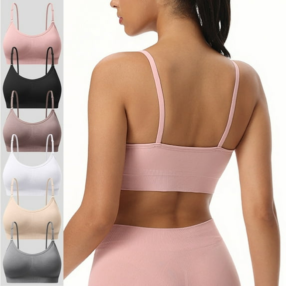 Wirefree Sports Bra for Women - Adjustable Spaghetti Strap Sports Bras for Women - Scoop Neck Wireless Padded Yoga Workout Crop Top, Size S-2XL